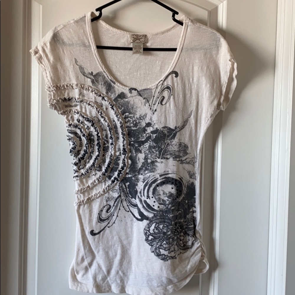 White with grey screen print floral design.